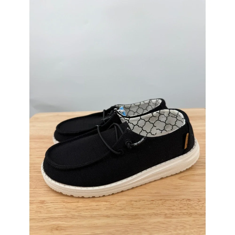 NWT Hey Dude Wendy Youth Linen Black Slip On Loafers Lightweight Kids Shoes K12